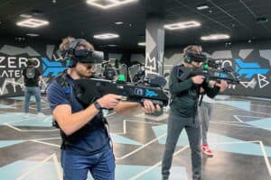 IMG_5199 Christmas party venues: a group playing together in a free roam VR arena